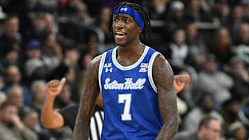 Jan 11, 2025; Providence, Rhode Island, USA; Seton Hall Pirates forward Scotty Middleton (7) reacts to game action against the Providence Friars during the first half at Amica Mutual Pavilion