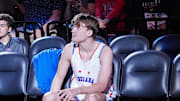 Indiana All-Star and Mr. Basketball Braylon Mullins sits on the sidelines during team introductions Saturday, June 7, 2025, during the Indiana vs. Kentucky All-Star game at Gainbridge Fieldhouse in Indianapolis.