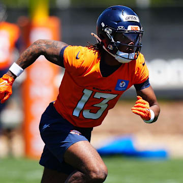 May 10, 2025; Englewood, CO, USA; Denver Broncos wide receiver Pat Bryant (13) during rookie minicamp at Broncos Park Powered by CommonSpirit. 