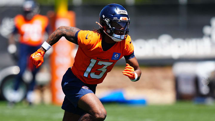 May 10, 2025; Englewood, CO, USA; Denver Broncos wide receiver Pat Bryant (13) during rookie minicamp at Broncos Park Powered by CommonSpirit. May 10, 2025; Englewood, CO, USA; Denver Broncos wide receiver Pat Bryant (13) during rookie minicamp at Broncos Park Powered by CommonSpirit.