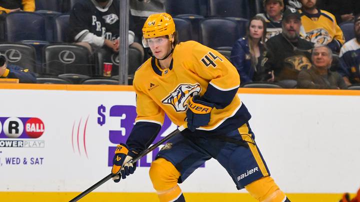 Oct 21, 2025; Nashville, Tennessee, USA;  Nashville Predators center Brady Martin (44) skates with the puck against the Anaheim Ducks during the third period at Bridgestone Arena. Mandatory Credit: Steve Roberts-Imagn Images
