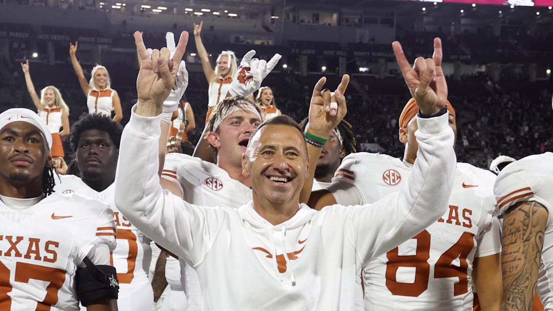 Texas Longhorns head coach Steve Sarkisian reacts after beating the Mississippi State Bulldogs in overtime at Davis Wade Stadium at Scott Field.