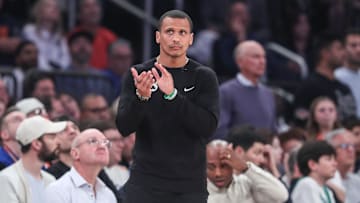 May 10, 2025; New York, New York, USA; Boston Celtics head coach Joe Mazzulla applauds in the first quarter during game three of the second round for the 2025 NBA Playoffs against the New York Knicks at Madison Square Garden. Mandatory Credit: Wendell Cruz-Imagn Images
