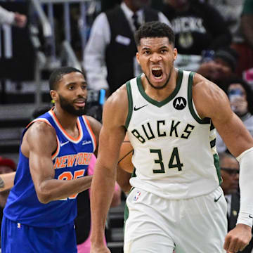 Oct 28, 2025; Milwaukee, Wisconsin, USA; Milwaukee Bucks forward Giannis Antetokounmpo (34) reacts after scoring a basket in the 3rd quarter against the New York Knicks at Fiserv Forum. Mandatory Credit: Benny Sieu-Imagn Images