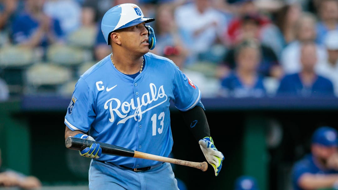 Sep 20, 2025; Kansas City, Missouri, USA; Kansas City Royals catcher Salvador Perez (13) at the plate during the fifth inning against the Toronto Blue Jays at Kauffman Stadium. Mandatory Credit: William Purnell-Imagn Images