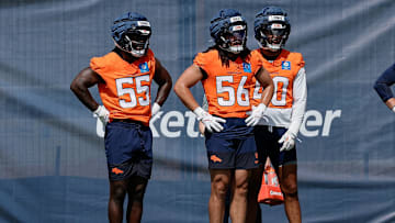 Jul 24, 2025; Englewood, CO, USA; Denver Broncos linebacker Jordan Turner (55) and linebacker Levelle Bailey (56) and linebacker Justin Strnad (40) during Denver Broncos Training Camp. Mandatory Credit: Isaiah J. Downing-Imagn Images