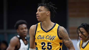 Jan 4, 2025; Gilbert, AZ, USA; Oak Cliff Faith Family Academy (TX) forward Davion Adkins (25) against Utah Prep Academy during the Hoophall West High School Invitational at Highland High School. Mandatory Credit: Mark J. Rebilas-Imagn Images