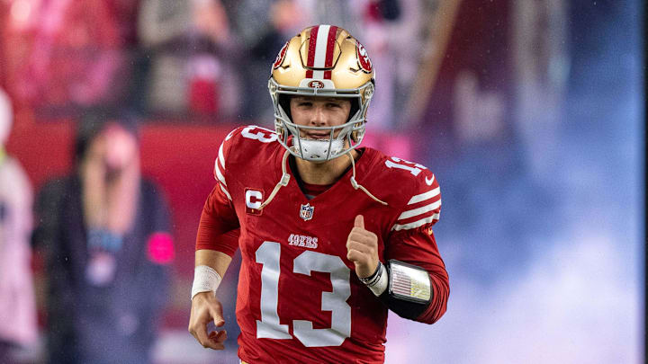 January 20, 2024; Santa Clara, CA, USA; San Francisco 49ers quarterback Brock Purdy (13) before a 2024 NFC divisional round game against the Green Bay Packers at Levi's Stadium. Mandatory Credit: Kyle Terada-Imagn Images