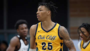 Jan 4, 2025; Gilbert, AZ, USA; Oak Cliff Faith Family Academy (TX) forward Davion Adkins (25) against Utah Prep Academy during the Hoophall West High School Invitational at Highland High School. Mandatory Credit: Mark J. Rebilas-Imagn Images