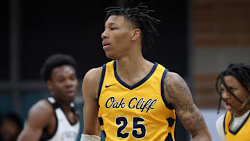 Jan 4, 2025; Gilbert, AZ, USA; Oak Cliff Faith Family Academy (TX) forward Davion Adkins (25) against Utah Prep Academy during the Hoophall West High School Invitational at Highland High School. Mandatory Credit: Mark J. Rebilas-Imagn Images