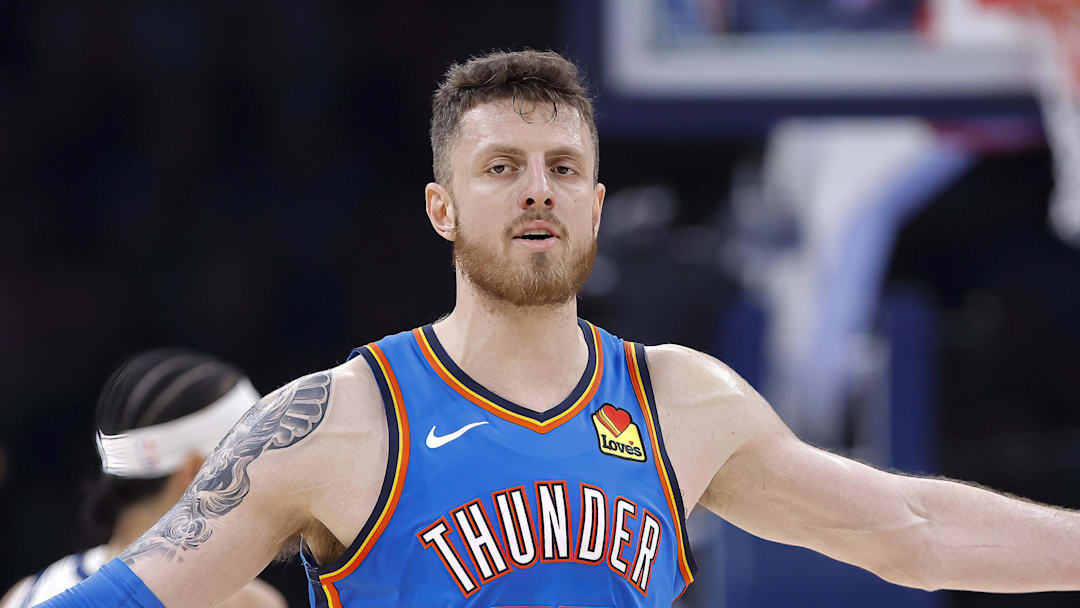 Feb 3, 2026; Oklahoma City, Oklahoma, USA; Oklahoma City Thunder center/forward Isaiah Hartenstein (55) gestures to his team after a play against the Orlando Magic during the second quarter at Paycom Center. Mandatory Credit: Alonzo Adams-Imagn Images