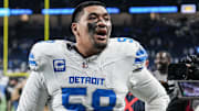 Detroit Lions offensive tackle Penei Sewell (58) walks off the field after 44-30 win over Dallas Cowboys at Ford Field