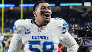 Detroit Lions offensive tackle Penei Sewell (58) walks off the field after 44-30 win over Dallas Cowboys at Ford Field