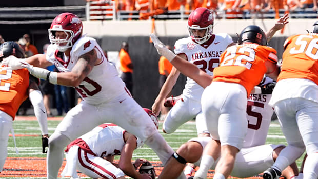 Arkansas' Kyle Ramsey misses a field goal in the first overtime