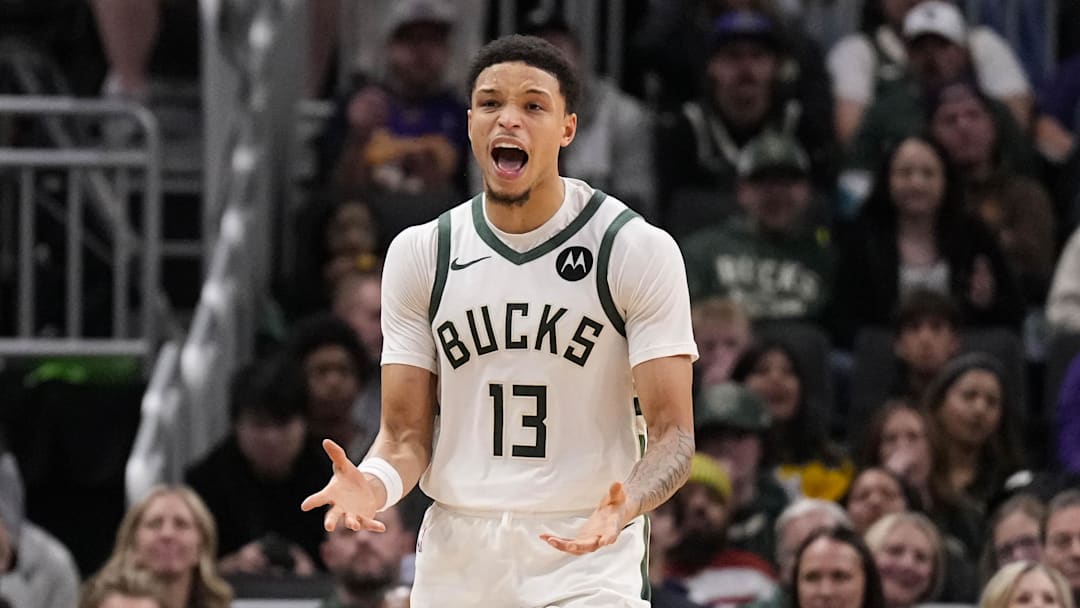 Milwaukee Bucks guard Ryan Rollins (13) reacts after being called for a foul during the third quarter against the Los Angeles Lakers at Fiserv Forum on November 15, 2025.