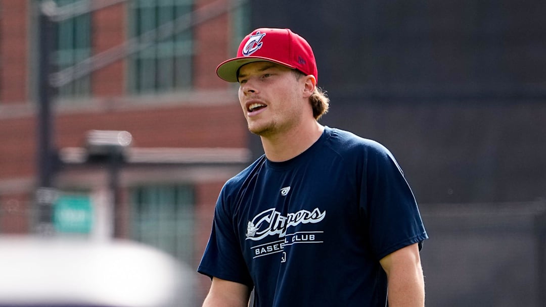 Columbus Clippers’s Travis Bazzana reacts during practice at Huntington Park on Wednesday, March 25, 2026 in Columbus, Ohio.