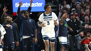 Oct 22, 2025; Portland, Oregon, USA; Minnesota Timberwolves forward Jaden McDaniels (3) reacts after scoring a three-point shot against the Portland Trail Blazers in the second half at Moda Center. Mandatory Credit: Jaime Valdez-Imagn Images
