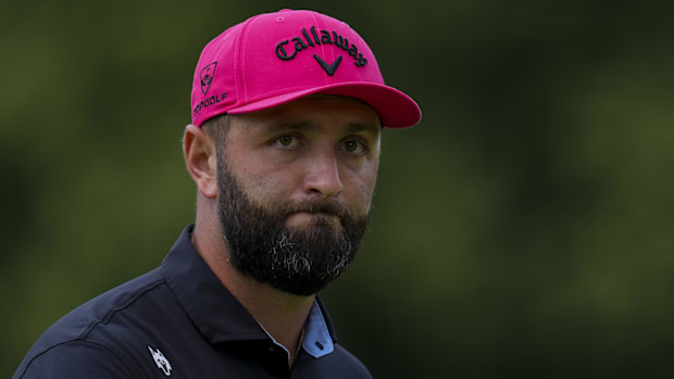 Jon Rahm of Legion XIII reacts after making a putt during the finals of the 2025 LIV Golf Michigan Team Championship.