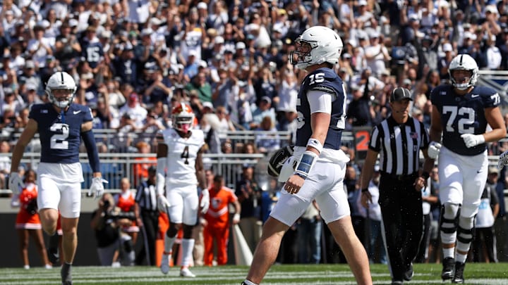 Penn State quarterback Drew Allar celebrates after scoring a touchdown during the first quarter against the Bowling Green Falcons at Beaver Stadium. 