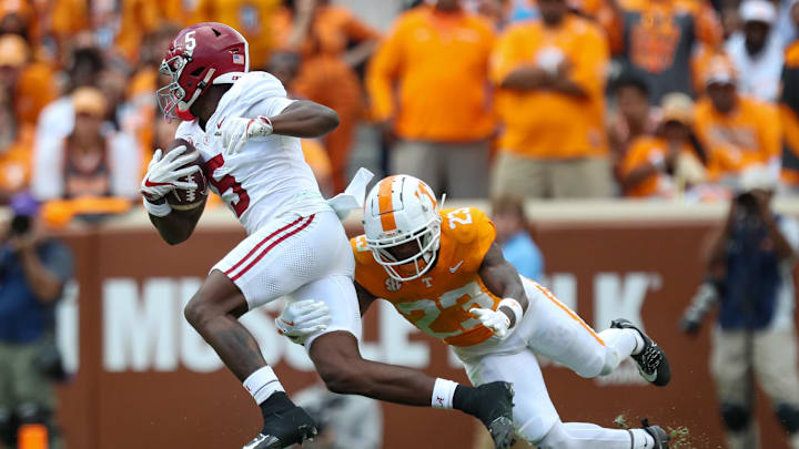 Oct 19, 2024; Knoxville, Tennessee, USA; Alabama Crimson Tide wide receiver Germie Bernard (5) runs the ball against the Tennessee Volunteers during the second quarter at Neyland Stadium. Mandatory Credit: Randy Sartin-Imagn Images