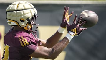 Arizona State wide receiver Uriah Neloms (81) runs a drill during football practice at Kajikawa practice fields in Tempe on Aug 1, 2025.