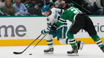 Mar 2, 2024; Dallas, Texas, USA;  San Jose Sharks center Mikael Granlund (64) skates with the puck