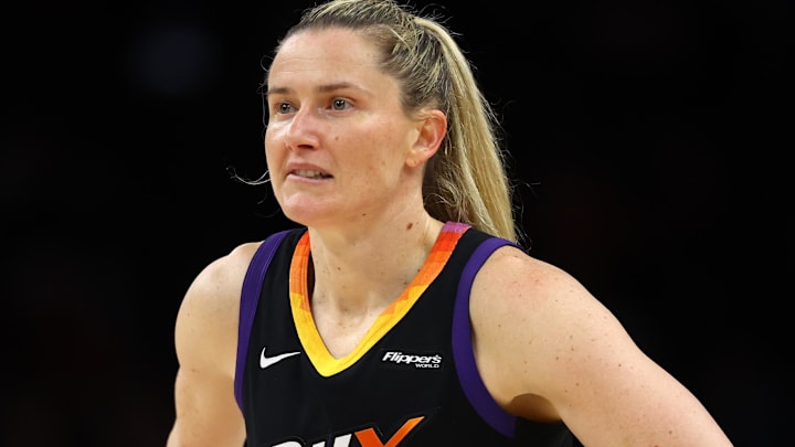 Sep 9, 2025; Phoenix, Arizona, USA; Phoenix Mercury guard Sami Whitcomb (33) against the Los Angeles Sparks during a WNBA game at PHX Arena. Mandatory Credit: Mark J. Rebilas-Imagn Images