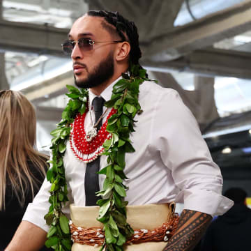 Feb 11, 2024; Paradise, Nevada, USA; San Francisco 49ers safety Talanoa Hufanga (29) arrives before Super Bowl LVIII against the Kansas City Chiefs at Allegiant Stadium. Mandatory Credit: Mark J. Rebilas-USA TODAY Sports