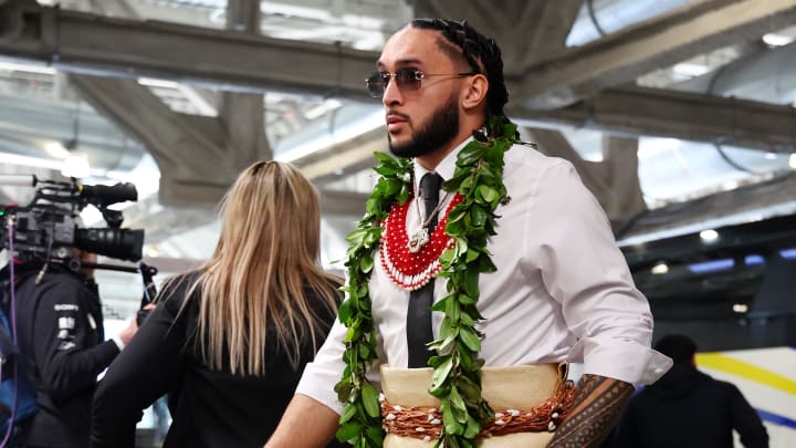 Feb 11, 2024; Paradise, Nevada, USA; San Francisco 49ers safety Talanoa Hufanga (29) arrives before Super Bowl LVIII against the Kansas City Chiefs at Allegiant Stadium. Mandatory Credit: Mark J. Rebilas-USA TODAY Sports