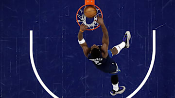 May 24, 2025; Minneapolis, Minnesota, USA; Minnesota Timberwolves guard Anthony Edwards (5) dunks the ball against the Oklahoma City Thunder during the second half in game three of the western conference finals for the 2025 NBA Playoffs at Target Center. Mandatory Credit: Bruce Kluckhohn-Imagn Images