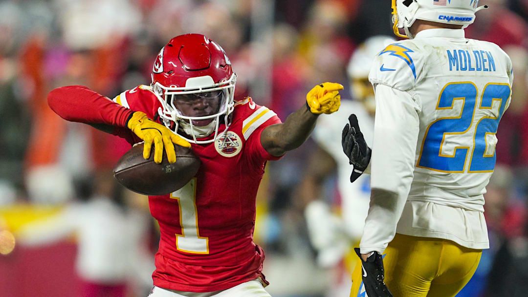 Dec 8, 2024; Kansas City, Missouri, USA; Kansas City Chiefs Wide Receiver Xavier Worthy (1) celebrates a first down during the second half against the Los Angeles Chargers at GEHA Field at Arrowhead Stadium. Mandatory Credit: Jay Biggerstaff-Imagn Images