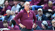 Feb 15, 2025; Blacksburg, Va.; Virginia Tech head coach Mike Young watches his team during the second half against Virginia at Cassell Coliseum.