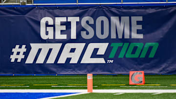 A sign displaying "Getsome #MACtion" is seen at the Rocket Mortgage MAC Football Championship game between the Buffalo Bulls and Ball State Cardinals at Ford Field on December 18, 2020 in Detroit, Michigan.