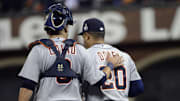 Oct 25, 2012; San Francisco, CA, USA; Detroit Tigers catcher Gerald Laird (9) talks with pitcher Octavio Dotel (20) in the 8th inning during game two of the 2012 World Series against the San Francisco Giants at AT&T Park. 