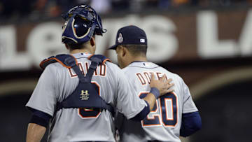 Oct 25, 2012; San Francisco, CA, USA; Detroit Tigers catcher Gerald Laird (9) talks with pitcher Octavio Dotel (20) in the 8th inning during game two of the 2012 World Series against the San Francisco Giants at AT&T Park. 
