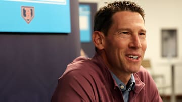Boston Red Sox chief baseball officer Craig Breslow talks with media at George M. Steinbrenner Field.