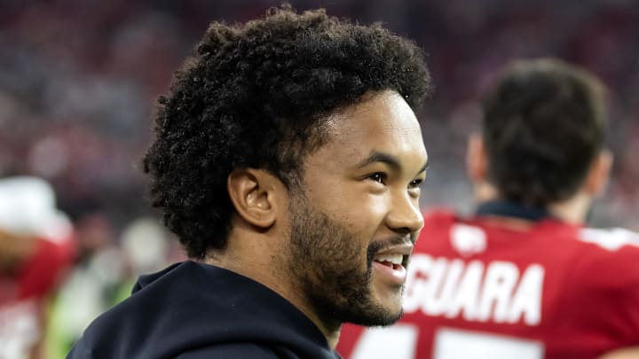Nov 23, 2025; Glendale, Arizona, USA; Arizona Cardinals quarterback Kyler Murray (1) against the Jacksonville Jaguars at State Farm Stadium. Mandatory Credit: Mark J. Rebilas-Imagn Images
