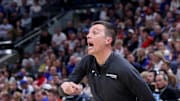 Mar 21, 2024; Salt Lake City, UT, USA; Samford Bulldogs head coach Bucky McMillan during the second half in the first round of the 2024 NCAA Tournament against the Kansas Jayhawks at Vivint Smart Home Arena-Delta Center. Mandatory Credit: Rob Gray-Imagn Images