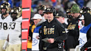 Nov 29, 2025; Durham, North Carolina, USA;  Wake Forest Demon Deacons head coach Jake Dickert during the third quarter against the Duke Blue Devils at Wallace Wade Stadium. Mandatory Credit: Zachary Taft-Imagn Images