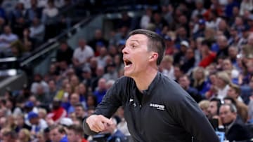 Mar 21, 2024; Salt Lake City, UT, USA; Samford Bulldogs head coach Bucky McMillan during the second half in the first round of the 2024 NCAA Tournament against the Kansas Jayhawks at Vivint Smart Home Arena-Delta Center. Mandatory Credit: Rob Gray-Imagn Images