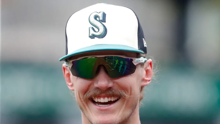 Seattle Mariners pitcher Bryce Miller (50) smiles on the field before the game against the Pittsburgh Pirates at PNC Park on Aug 16.