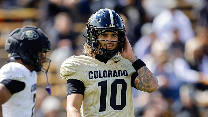 Apr 19, 2025; Boulder, CO, USA; Colorado Buffaloes quarterback Julian Lewis (10) during the spring game at Folsom Field. Apr 19, 2025; Boulder, CO, USA; Colorado Buffaloes quarterback Julian Lewis (10) during the spring game at Folsom Field.