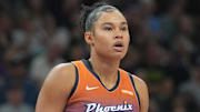 Jun 27, 2025; Phoenix, Arizona, USA; Phoenix Mercury forward Satou Sabally (0) looks on against the New York Liberty during the second half at Footprint Center. Mandatory Credit: Joe Camporeale-Imagn Images