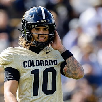 Apr 19, 2025; Boulder, CO, USA; Colorado Buffaloes quarterback Julian Lewis (10) during the spring game at Folsom Field. Mandatory Credit: Isaiah J. Downing-Imagn Images
