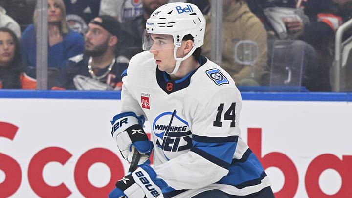 Dec 31, 2022; Edmonton, Alberta, CAN; Winnipeg Jets defenceman Ville Heinola (14) as the Edmonton Oilers took on the Winnipeg Jets during the first period at Rogers Place. Dec 31, 2022; Edmonton, Alberta, CAN; Winnipeg Jets defenceman Ville Heinola (14) as the Edmonton Oilers took on the Winnipeg Jets during the first period at Rogers Place.