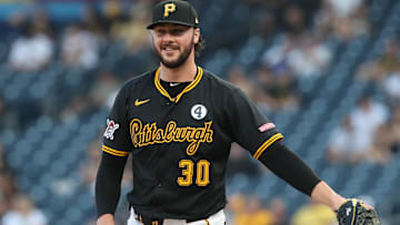 Jun 3, 2025; Pittsburgh, Pennsylvania, USA;  Pittsburgh Pirates starting pitcher Paul Skenes (30) reacts after recording a strike-out against the Houston Astros during the fourth inning at PNC Park. Mandatory Credit: Charles LeClaire-Imagn Images