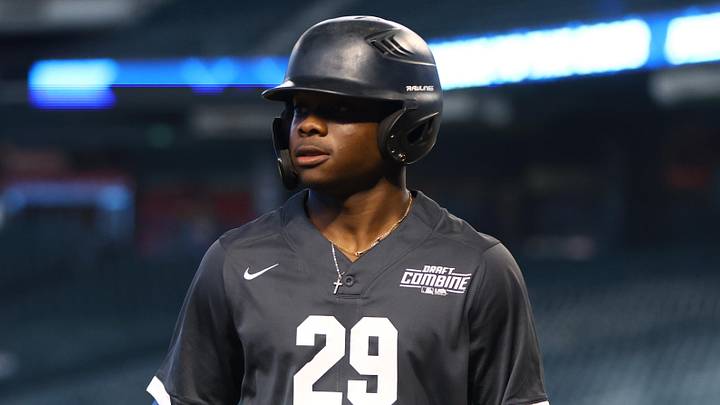 Jun 20, 2023; Phoenix, AZ, USA; Draft prospect Zyhir Hope during a high school baseball game at the MLB Draft Combine at Chase Field. Mandatory Credit: Mark J. Rebilas-Imagn Images
