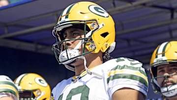 Oct 27, 2024; Jacksonville, Florida, USA; Green Bay Packers quarterback Jordan Love (10) takes the field before the game against the Jacksonville Jaguars at EverBank Stadium. Mandatory Credit: Melina Myers-Imagn Images