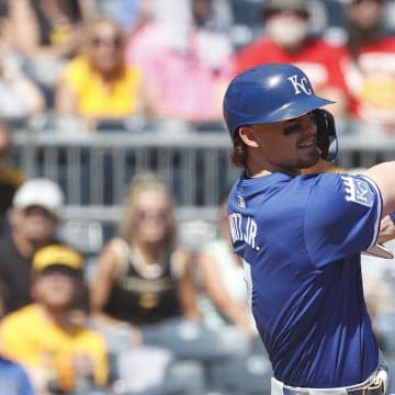 Kansas City Royals shortstop Bobby Witt Jr. (7) drives in a run with a sacrifice fly against the Pittsburgh Pirates during the fifth inning at PNC Park on Sept 14.