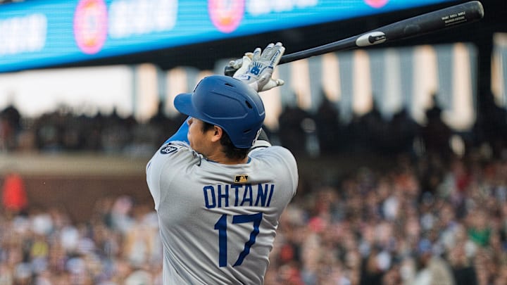Los Angeles Dodgers designated hitter Shohei Ohtani (17) hits a tow run home run against the San Francisco Giants during the third inning at Oracle Park on July 11. 